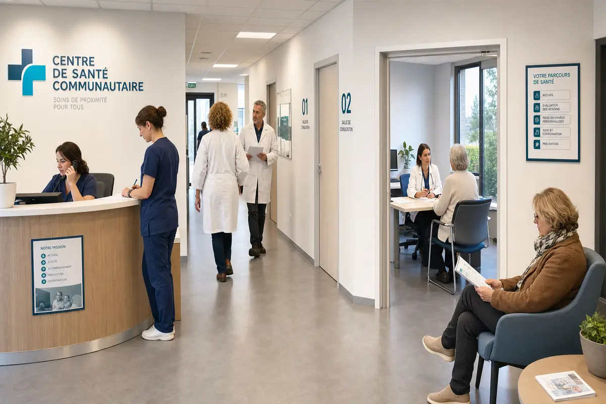 Reception e corridoio di un centro sanitario con personale medico e pazienti, con ambulatori e sala d’attesa
