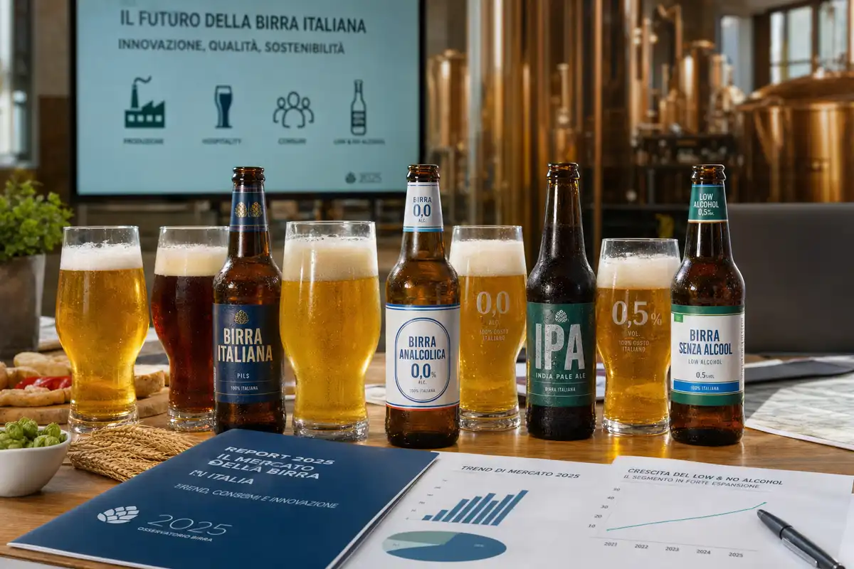 Bottiglie e bicchieri di birra, anche 0,0 e low alcohol, su un tavolo con report e grafici in un birrificio