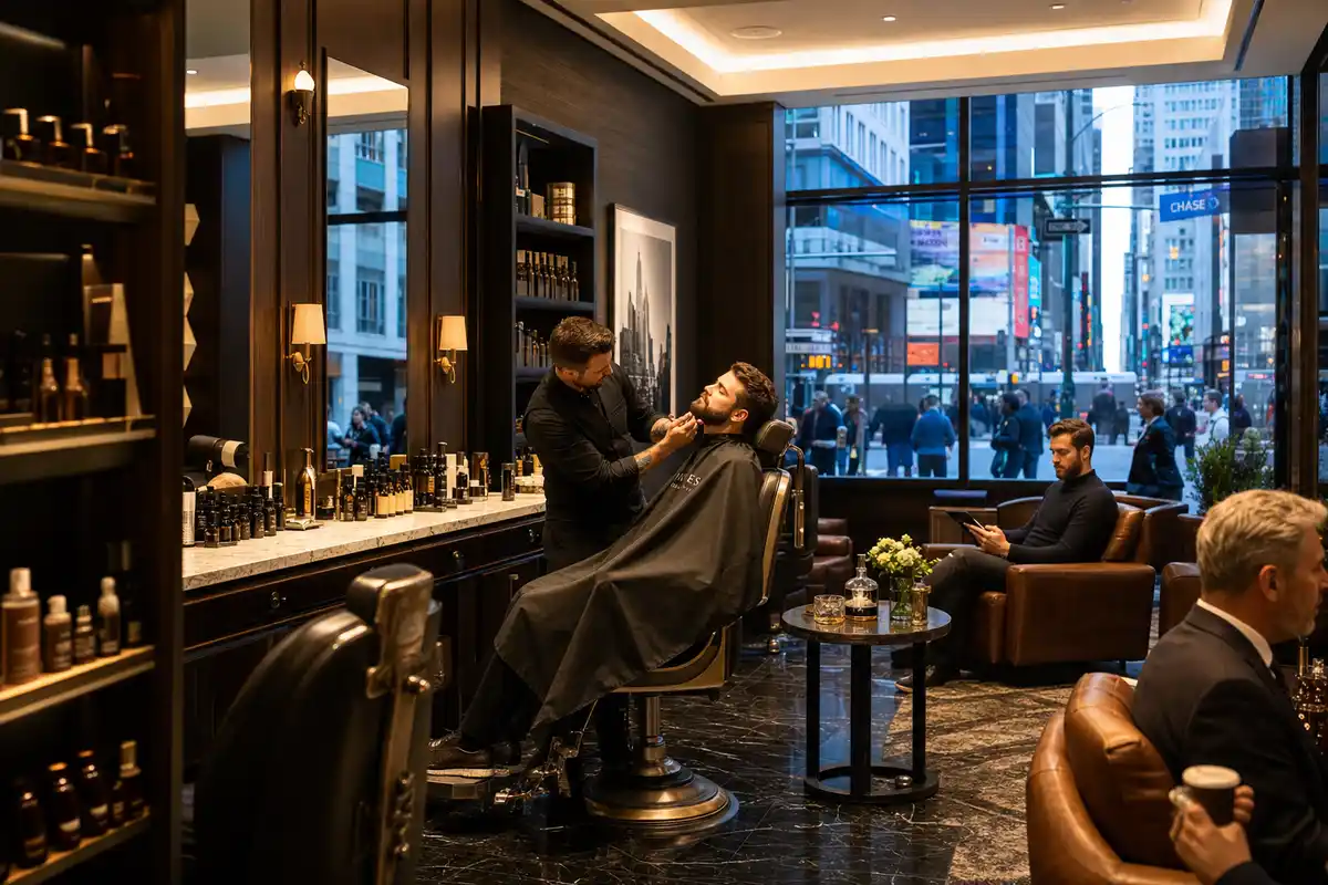 Barbiere che rifinisce la barba a un cliente in un salone di lusso con prodotti esposti e vetrata su strada cittadina
