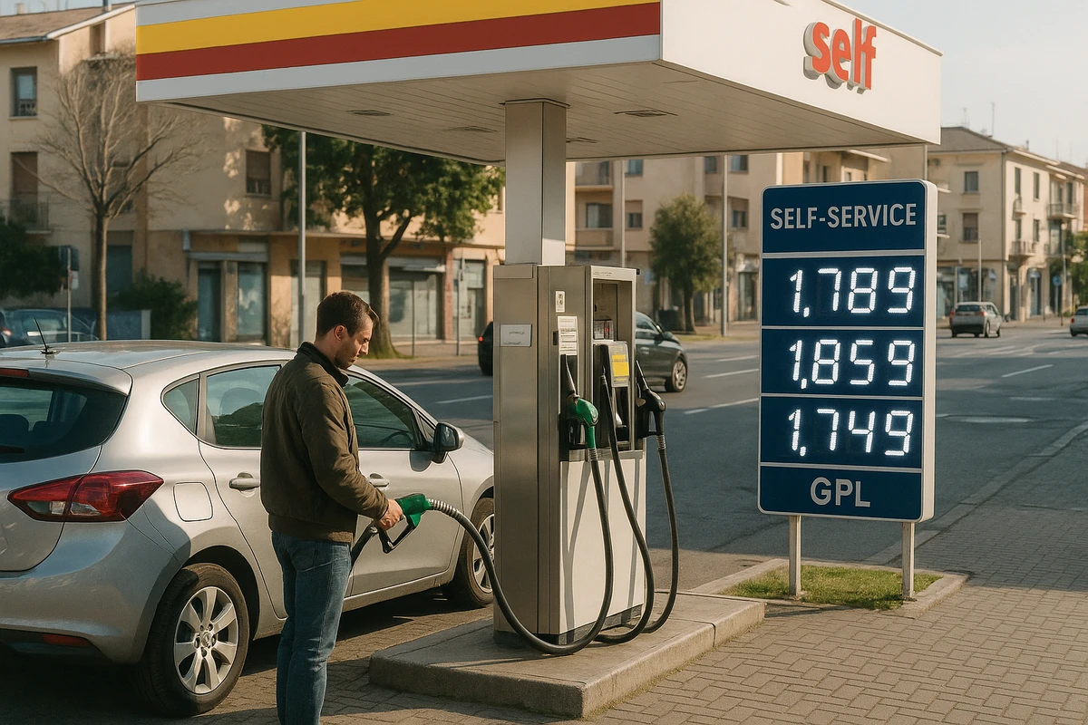 Automobilista fa rifornimento in una stazione self-service con tabellone prezzi carburante sullo sfondo