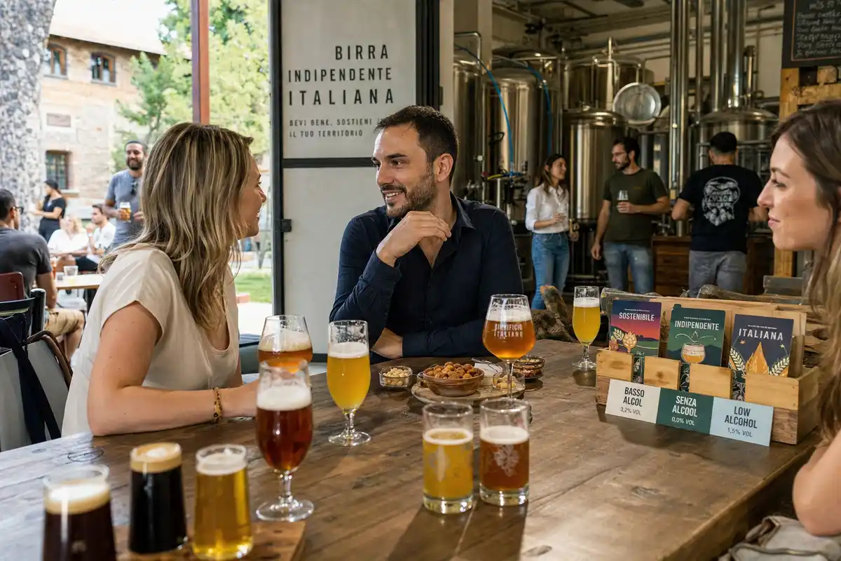 Persone in un birrificio artigianale con vari bicchieri di birra sul tavolo e cartelli low e no alcol