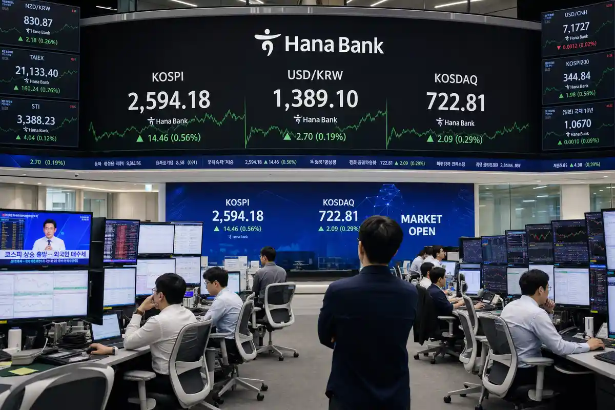 Sala trading con operatori e maxi schermi con indici e grafici in lieve rialzo durante l’apertura dei mercati