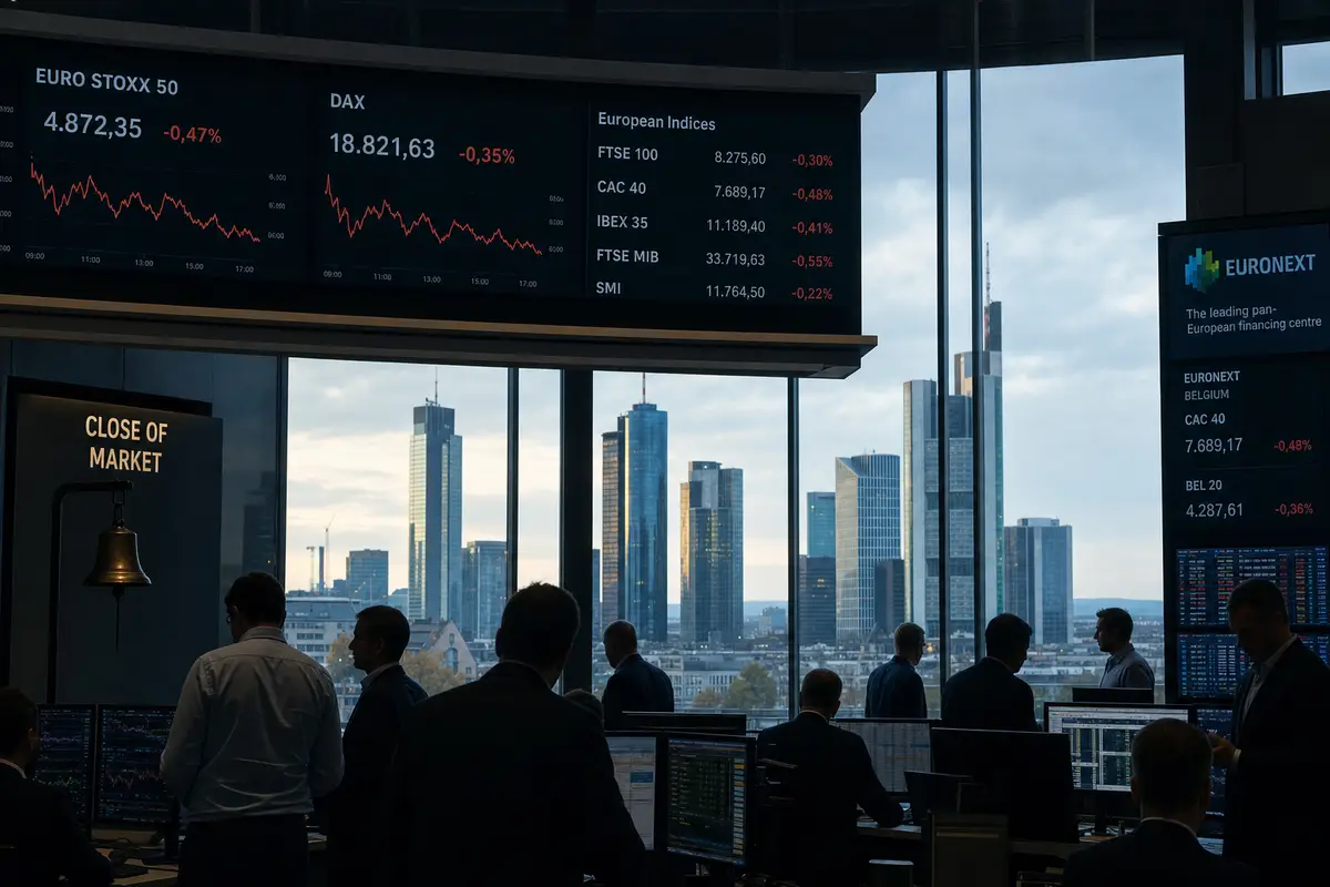 Schermi di Borsa con indici europei in lieve calo e operatori in controluce davanti alla skyline di un distretto finanziario