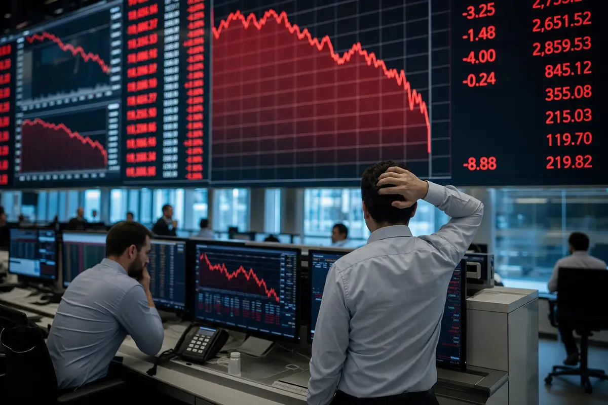 Operatori in una sala trading con maxi schermi che mostrano grafici e quotazioni in rosso in forte calo