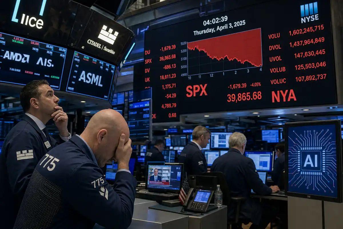 Operatori di Borsa davanti a schermi con grafici in rosso e calo dell’SPX, in un trading floor affollato