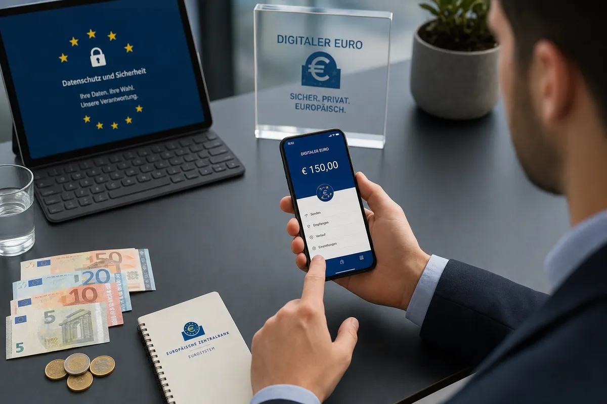 Persona in ufficio usa un’app “Digitaler Euro” sullo smartphone, con banconote e monete in euro sul tavolo