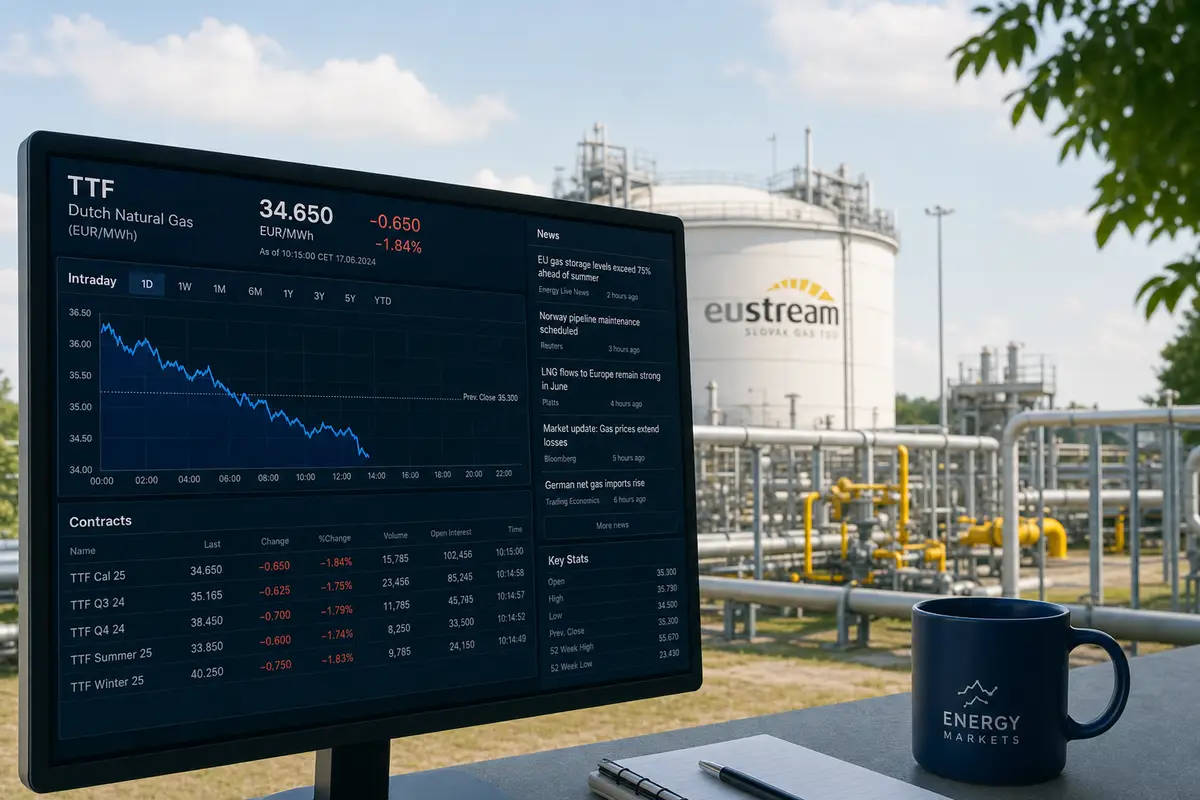 Monitor con grafico in calo del future TTF sul gas davanti a serbatoi e tubazioni di un impianto di stoccaggio