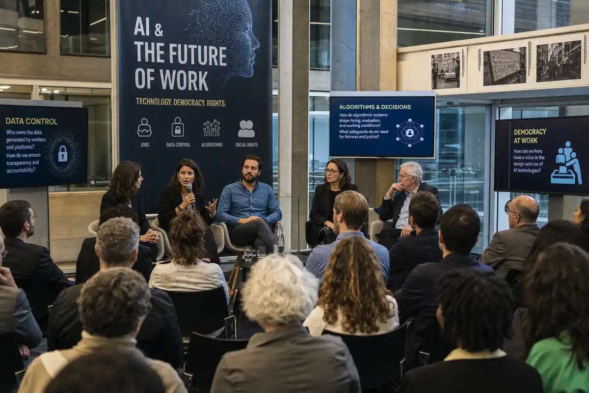 Tavola rotonda con pubblico su IA e futuro del lavoro, con schermi su dati, algoritmi e democrazia
