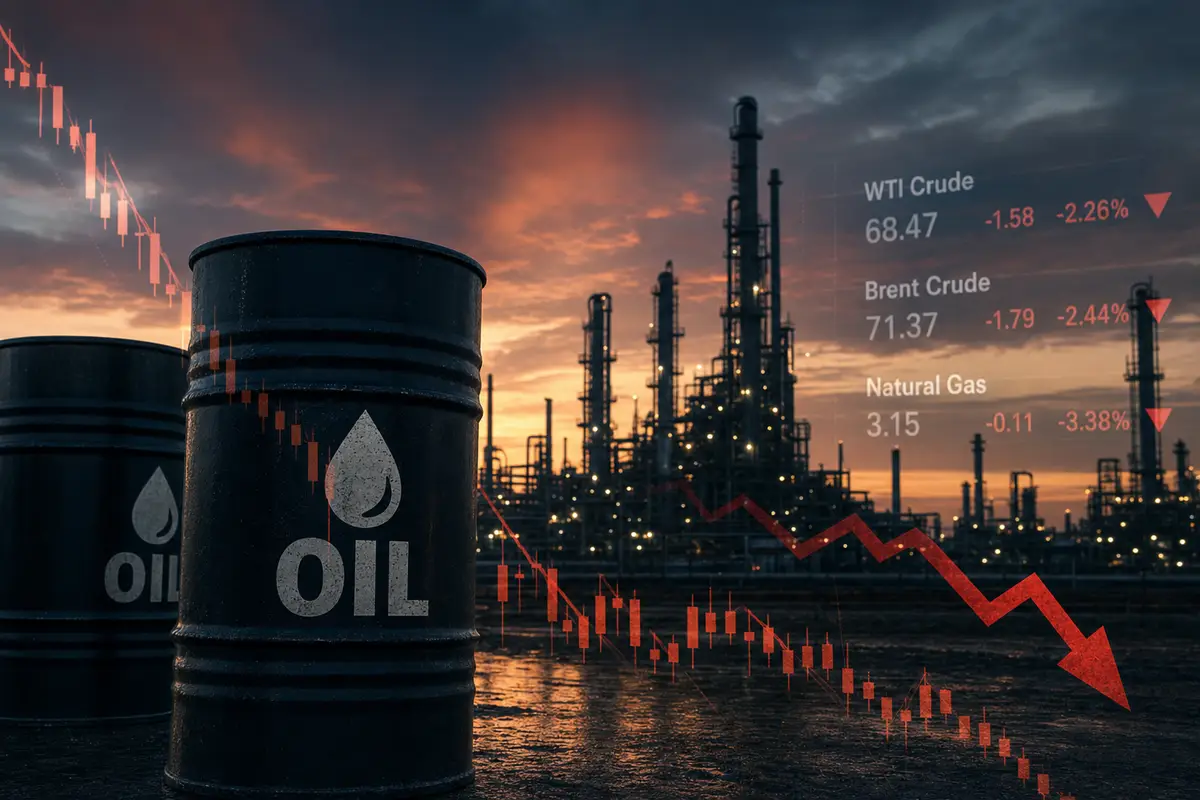 Barili di petrolio davanti a una raffineria al tramonto con grafici rossi in calo e dati su WTI e Brent