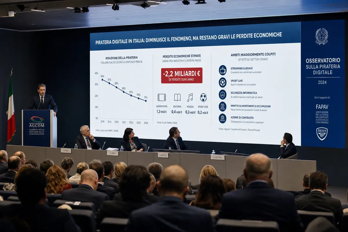 Conferenza sulla pirateria digitale con relatore al podio e slide con grafici su calo del fenomeno e perdite economiche
