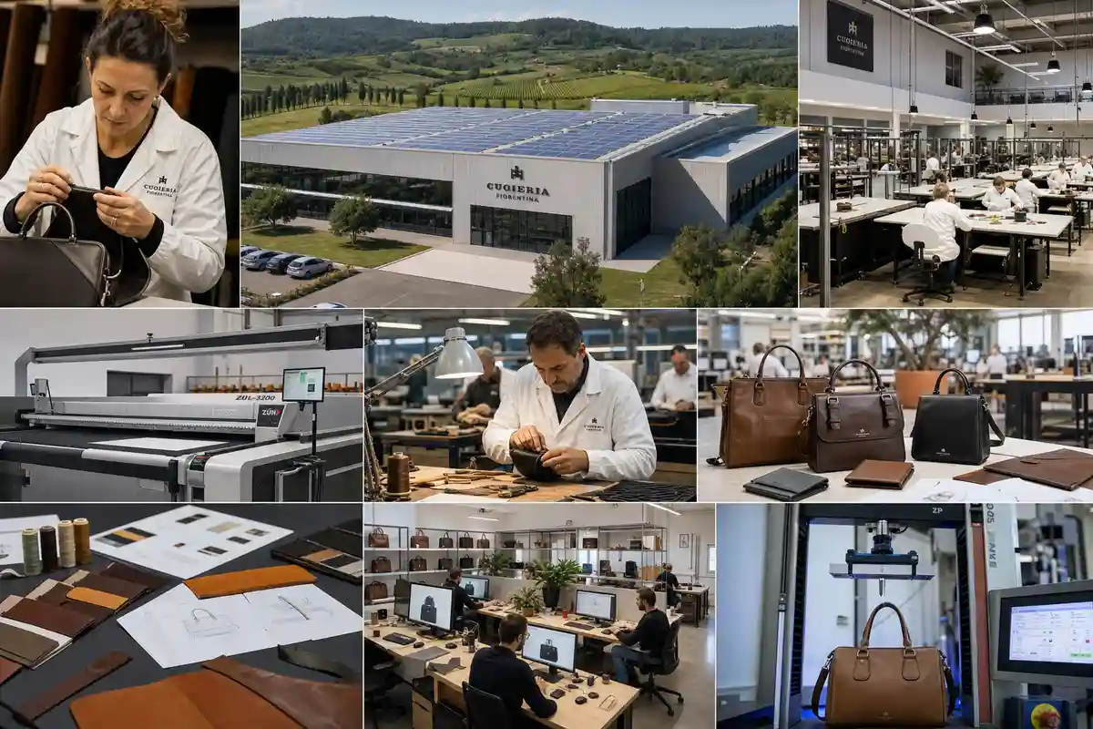 Collage di pelletteria: artigiani al lavoro, stabilimento con pannelli solari, linee produttive e borse in pelle finite