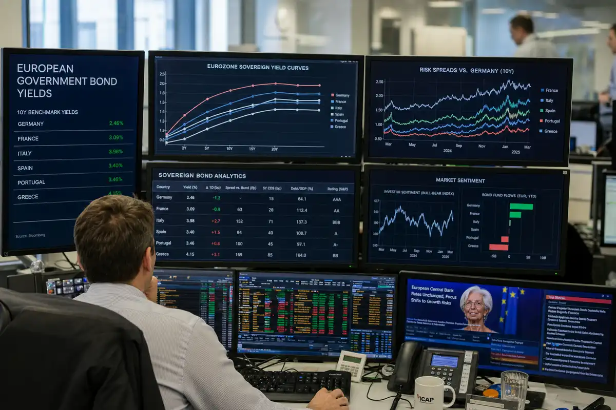 Desk di trading con più monitor che mostrano rendimenti dei titoli di Stato europei, curve e spread vs Germania
