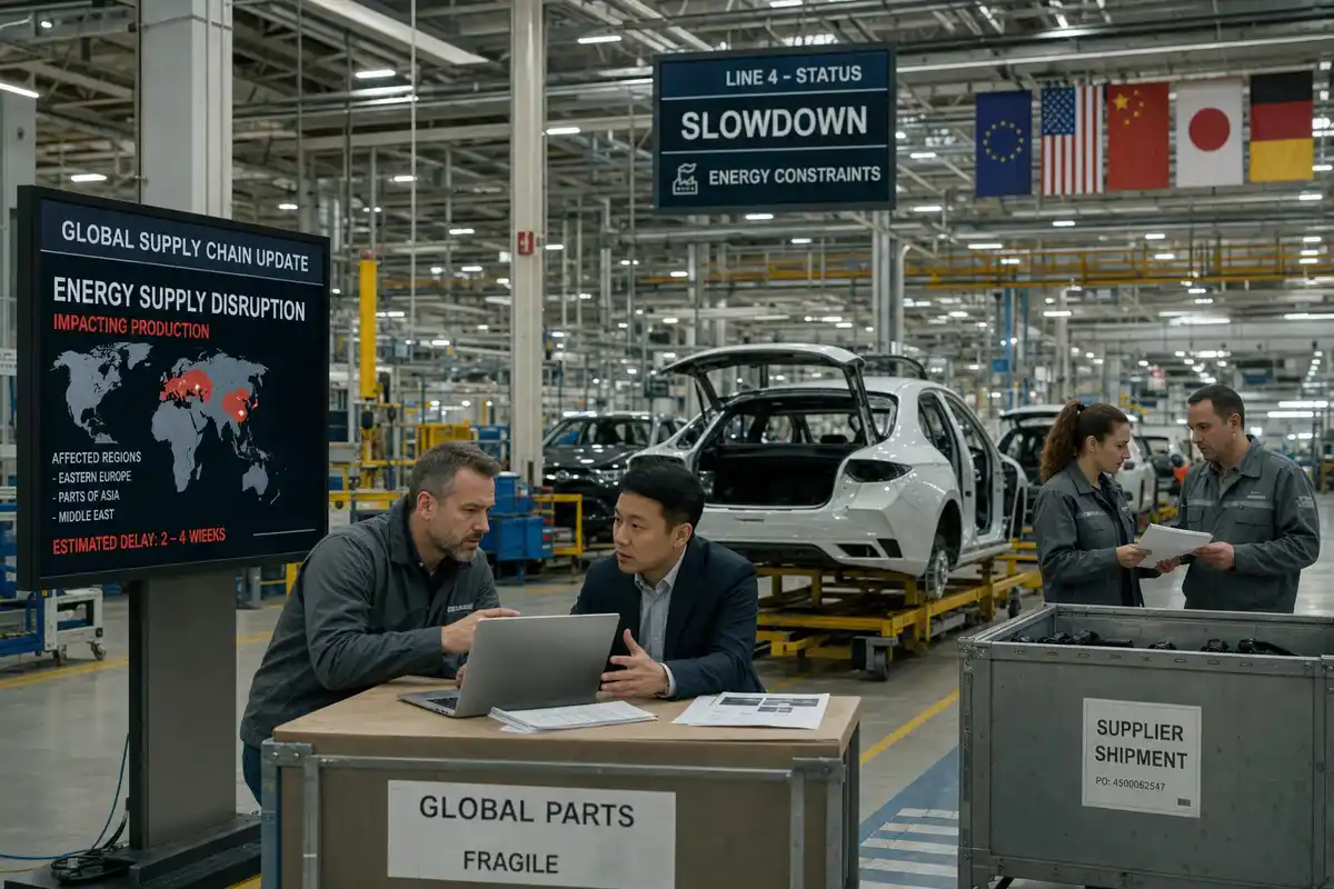 Operai e manager in uno stabilimento auto con schermi che segnalano rallentamento e problemi di energia e forniture
