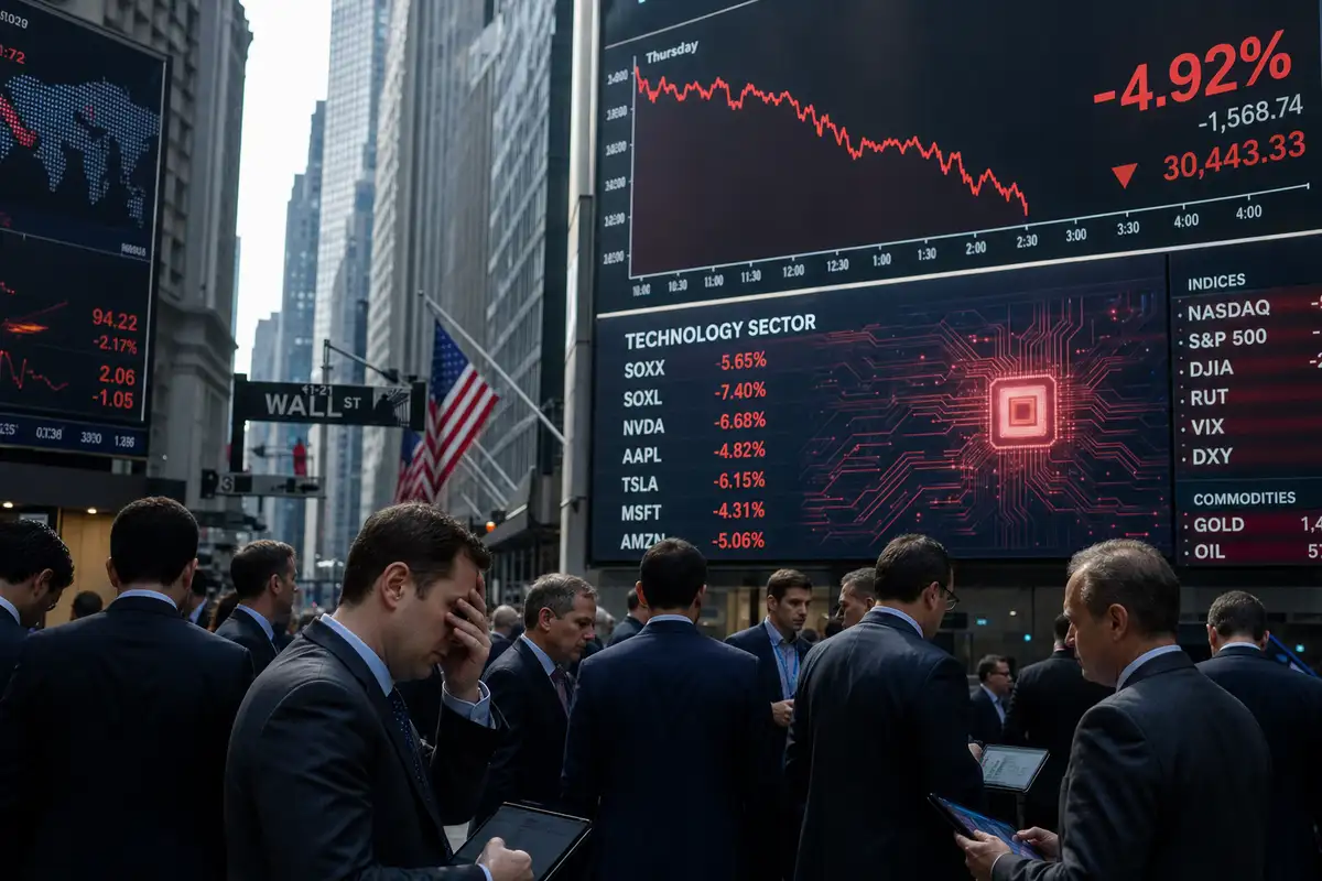 Schermi con grafici in rosso e -4,92% sopra Wall Street, folla di operatori in giacca e cravatta